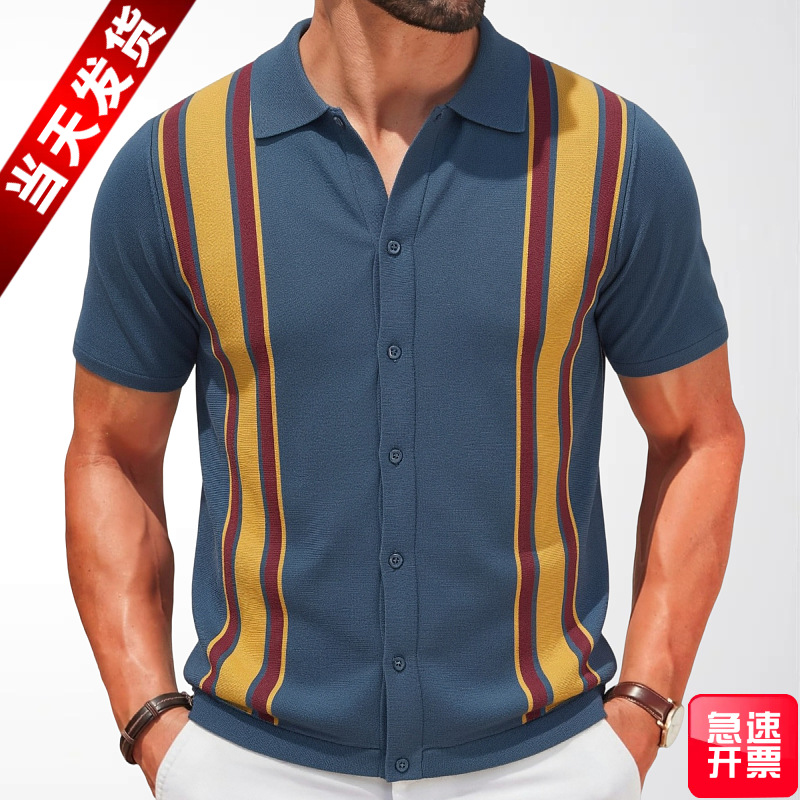 Men's Knitted Cardigan, New Summer Style, Color Block Striped Short-Sleeve Casual Polo Shirt, European and American Export Men's Clothing SY0171