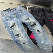 美式烫钻破洞牛仔裤男夏季网红新款补丁拼接泼墨直筒高街长裤子潮