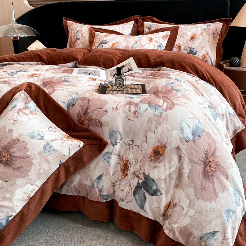 Conjunto de cama de quatro peças em veludo cotelê leve e luxuoso, estilo boho boho francês vintage nórdico, novo, de alta qualidade e espessura reforçada._voghion.com