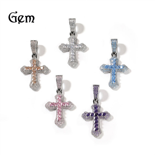 European and American hip-hop cross-shaped pendant jewelry necklace large copper inlaid purple zircon light luxury sweater necklace wholesale