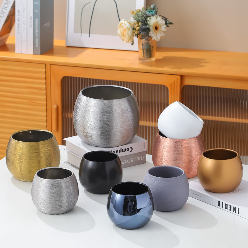 Flowerpot Gold-Plated Ceramic Brushed Succulent Round Flower Pot Ins European-Style Living Room Ornaments Vase Flower Pot