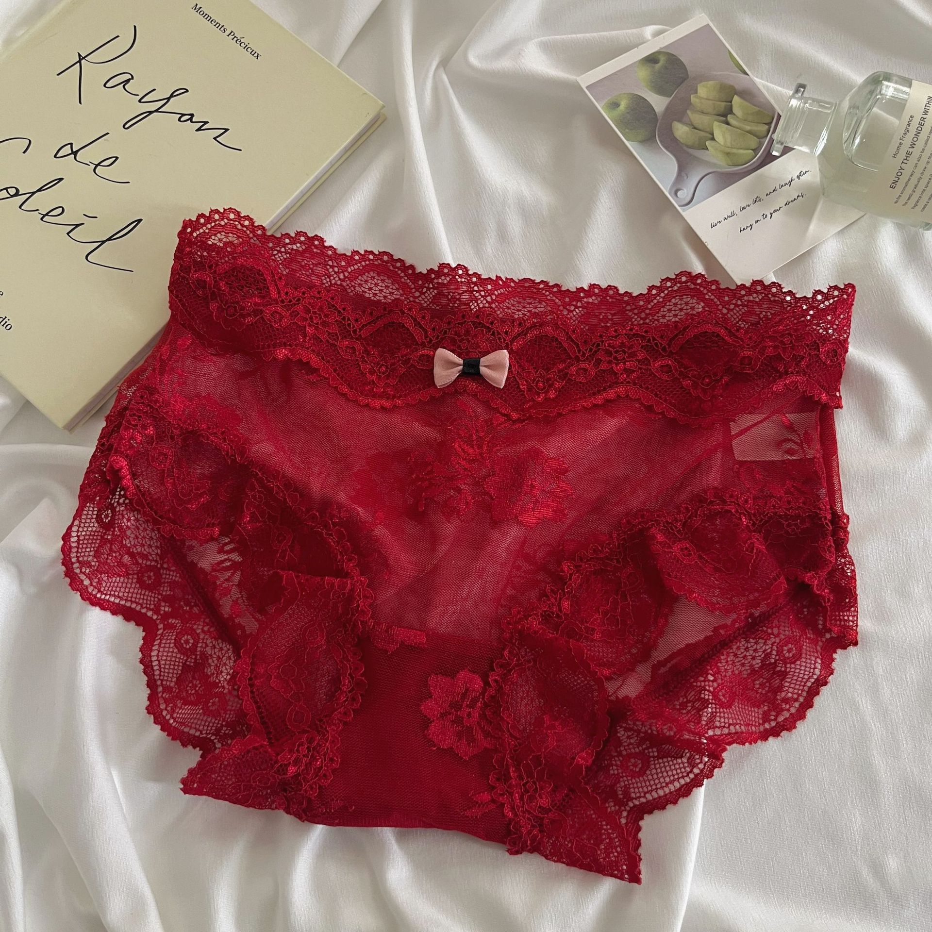 Red Luck Honey Attraction ~ Pantalones de encaje de satén puro francés, pantalones de entrepierna de algodón rojo sexy.