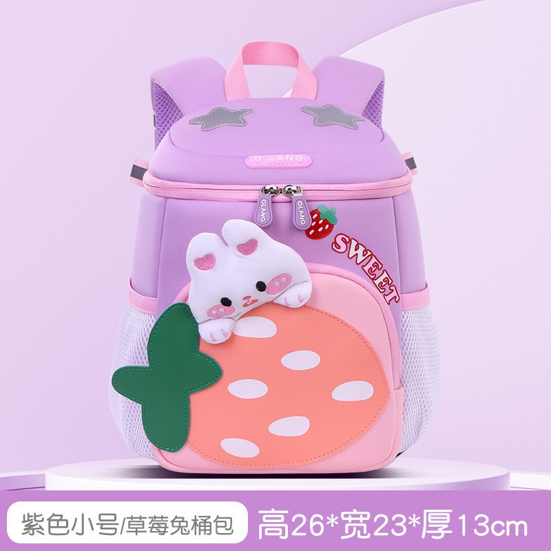 Nueva mochila escolar de jardín de infantes lindo conejo fresa mochila escolar para niños dibujos animados reducción de carga ultraligera anti-pérdida bolsa para niños