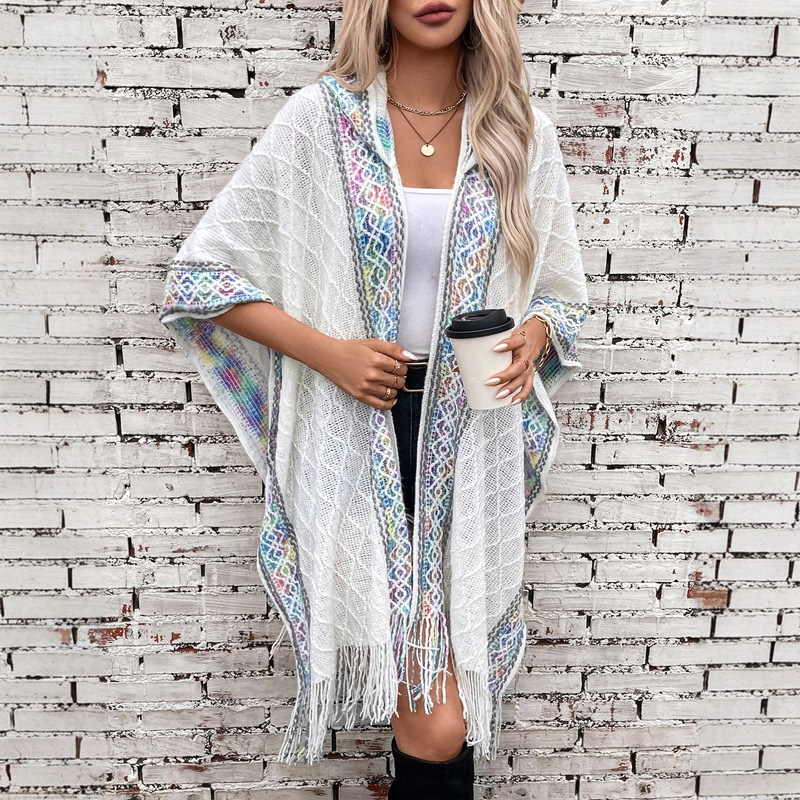 Cross-Border Exclusive Supply of New Autumn and Winter Women's Knitted Sweaters, Ethnic Style Hooded Tassel Cape Shawl Coat Sweater for Women