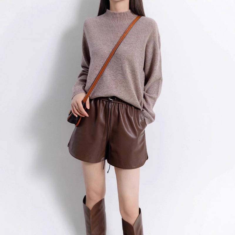 Sheepskin Leather Shorts for Women, High-Waisted A-Line Genuine Leather Shorts, Versatile and Slimming, Suitable for Outerwear, Elastic Leather Pants, Early Autumn New Style