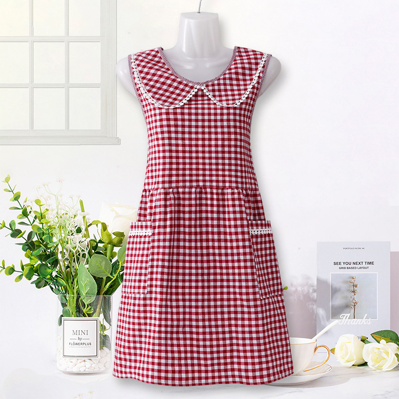 SJ704 마룬 웨이스트 체크 무늬 인형 칼라 순면