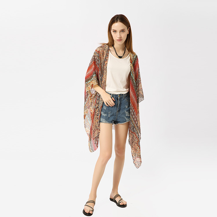 Venta caliente transfronteriza primavera y verano estilo europeo y americano Flor de anacardo patrón impreso blusa protección solar sombrilla kimono cardigan
