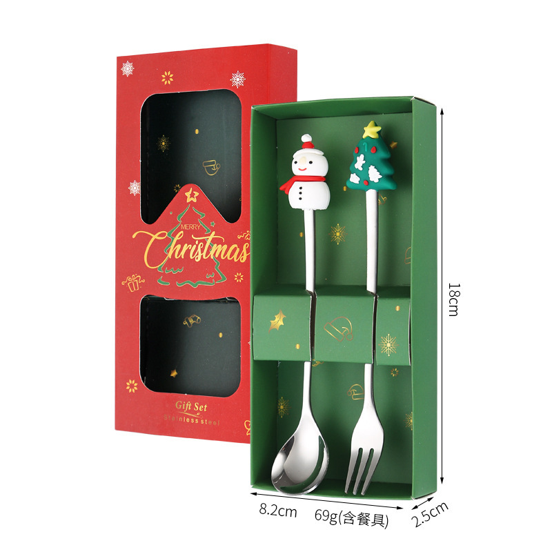 跨境不锈钢餐具趣味圣诞树圣诞老人硅胶叉勺子儿童两件套装礼品|undefined