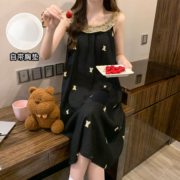 Fabricante pijama de verano encaje pijama de cuello redondo nubes de algodón cómodas y transpirables dulces con cojín de pecho vestido de cabina se puede usar fuera