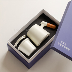 shunxiang|奶油風陶瓷過濾泡茶馬克杯茶水分離帶蓋木柄辦公杯