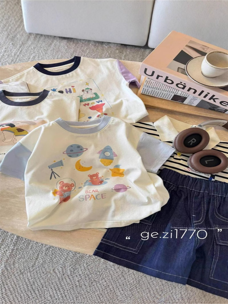 子供の新型の男女の子供の夏の漫画の色合わせの赤ちゃんの半袖の純綿の洋気のtシャツの半袖の子供の上着のT