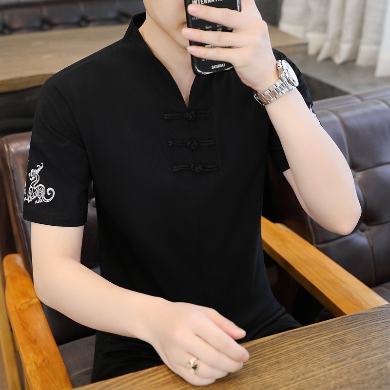 Comercio exterior al por mayor verano nuevo estilo hombre de moda bordado con hebilla de disco estilo chino camiseta de manga corta para hombre nuevo estilo chino generación transfronteriza