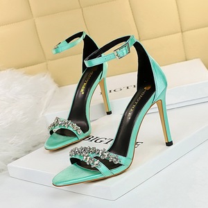 9926-8 European and American fashion high heels with ultra fine summer with satin hollow-out peep-toe diamond one word w