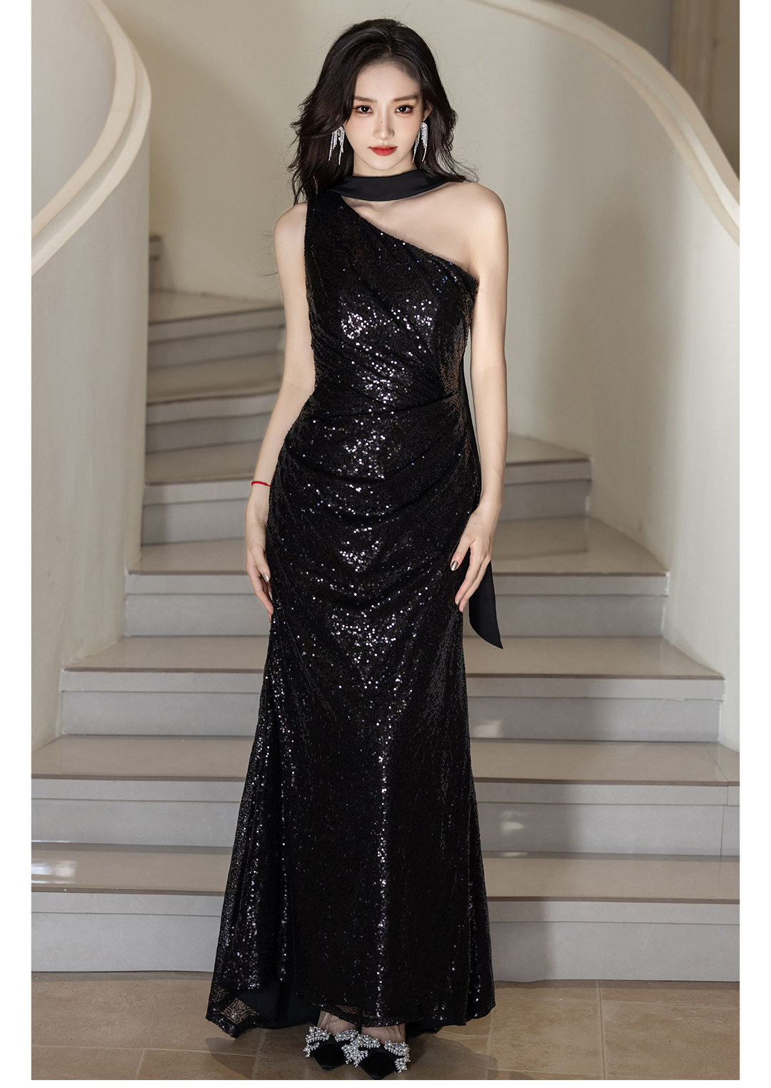 Women's Elegant Black Sequined Mermaid Evening Gown Understated Luxury Niche Style For Hostesses Coming Of Age Ceremony New_ecoleips.com