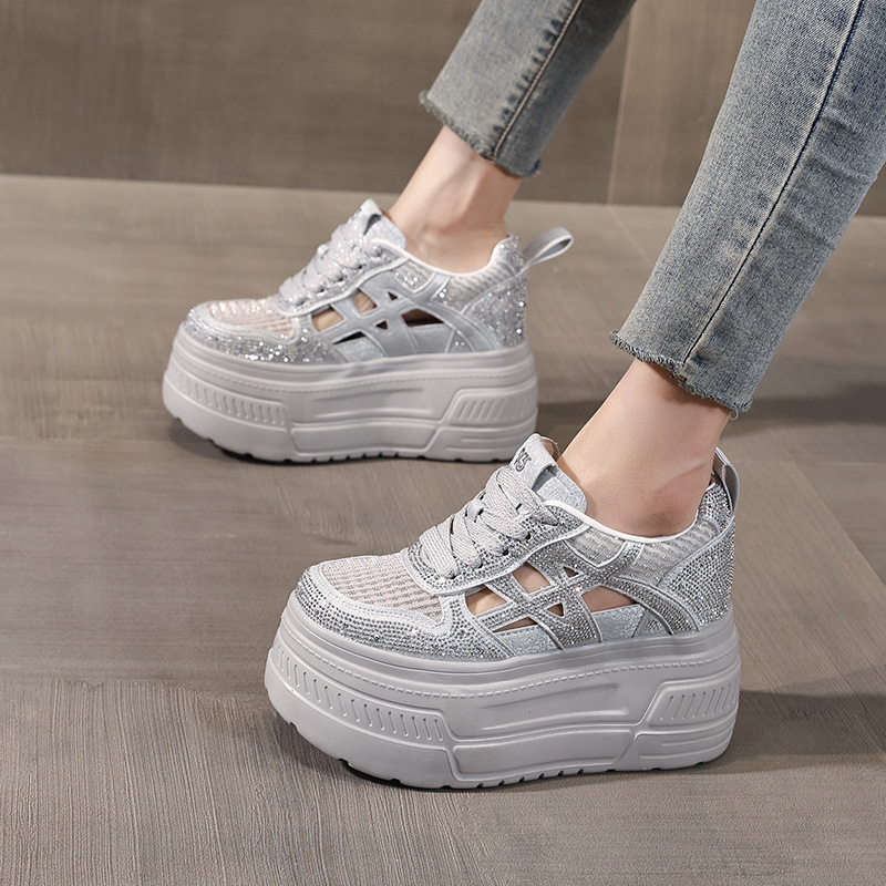Giày sneaker nữ đế dày tăng chiều cao, phối đá rhinestone, lưới thoáng khí — màu trắng