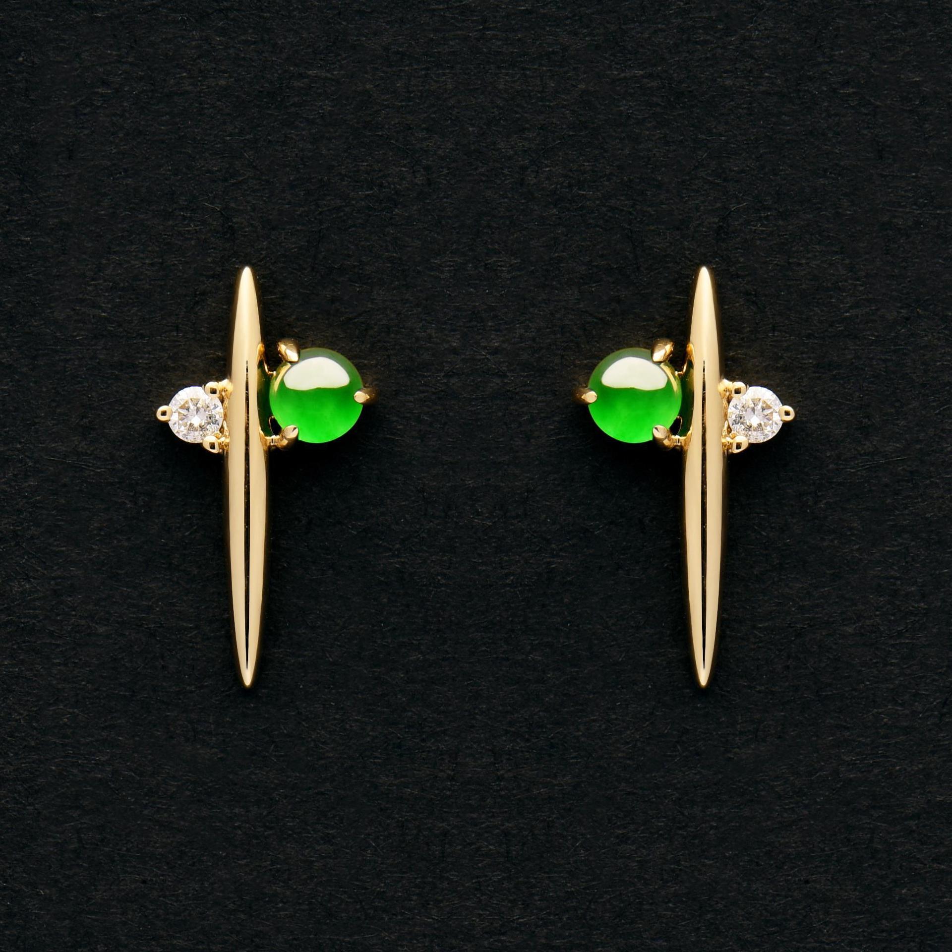 新中式精致耳饰天然翡翠时尚耳钉18K金镶钻碧玉新款硬玉配饰首饰|ms