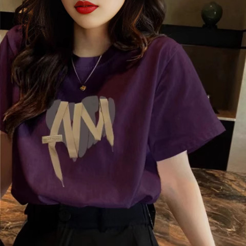 Summer New Round Neck Pure Cotton Loose Versatile Short-Sleeved T-Shirt Women's Design Printed Grape Purple Half-Sleeved Top Trendy Summer New Round Neck Pure Cotton Loose Versatile Short-Sleeved T-Shirt Women's Design Printed Grape Purple Half-Sleeved Top Trendy