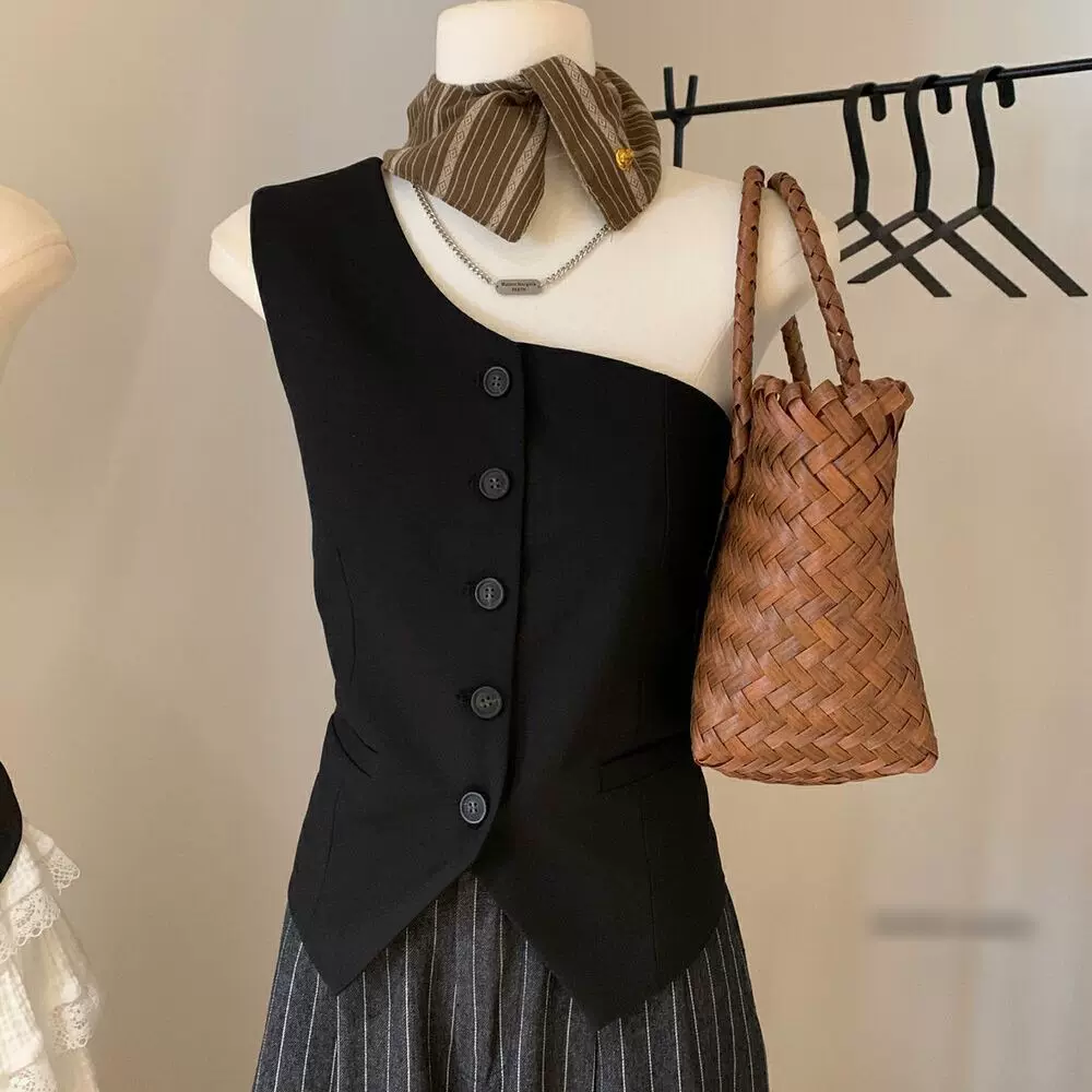 夏季时尚上衣不规则斜肩无袖西装马甲背心辣妹修身显瘦短款上衣女