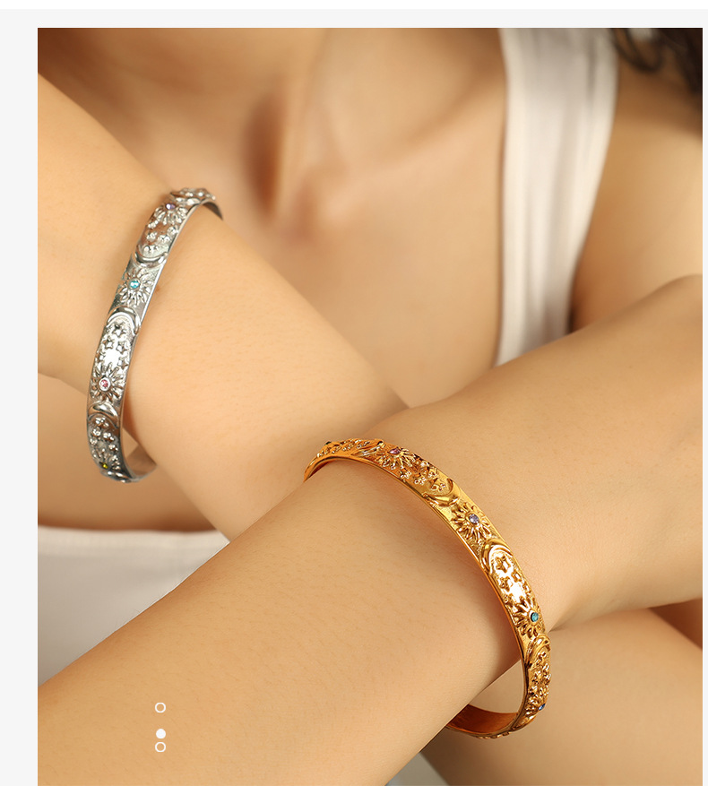 18K Real Gold Plated Plating Material PVD Coated Real Gold Plated Sun Moon Titanium Steel Retro Simple Style Waterproof Non Tarnish Titanium Steel Bangle
