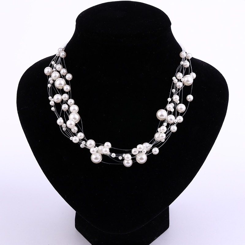 Cross-Border Exaggerated Pearl Personality Fish Line Multi-Layer Necklace Clavicle Chain Neck Necklace Female Bride High-End Versatile Wholesale Trend
