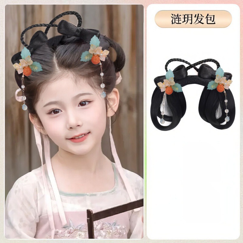 子供用古代衣装ヘアピース、かわいい女の子用漢服風ヘアピースセット、シンプルで多用途な古代風おだんごヘアバッグ|undefined