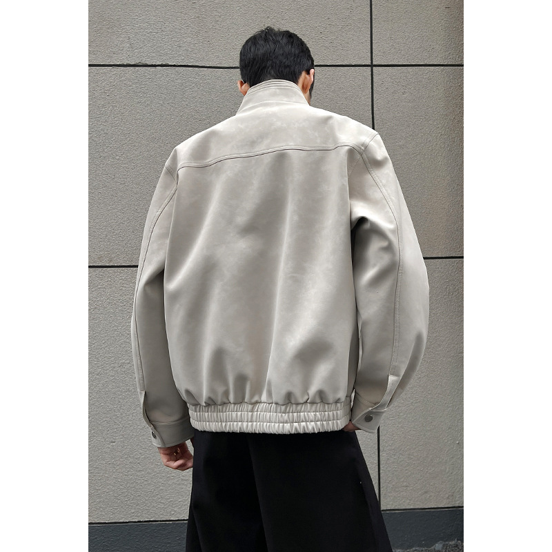 American Retro Workwear Leather Jacket For Men, Spring Cleanfit Flight Stylish Stand-up Collar Baseball Jacket, Trendy_voghion.com