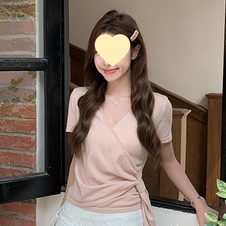 French-Style Exquisite Fashion Lace Cross-Neck Knit Top with Bow Drawstring, Slimming and Comfortable Base Shirt T-Shirt for Summer French-Style Exquisite Fashion Lace Cross-Neck Knit Top with Bow Drawstring, Slimming and Comfortable Base Shirt T-Shirt for Summer