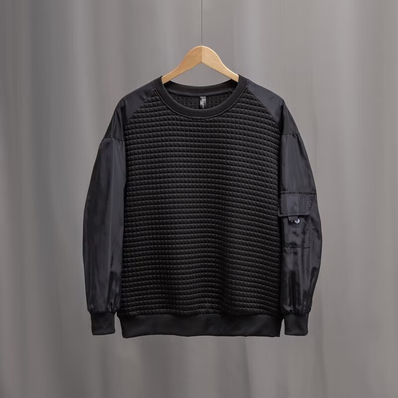 American-style high-end waffle knit patchwork sweatshirt for men, 2026 autumn new collection, trendy loose-fit round-neck pullover American-style high-end waffle knit patchwork sweatshirt for men, 2026 autumn new collection, trendy loose-fit round-neck pullover