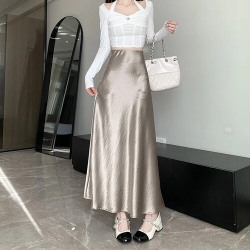 Acetic satin skirt for women 2025 spring and summer new style hanging A-line fishtail skirt medium and long commuting Korean style