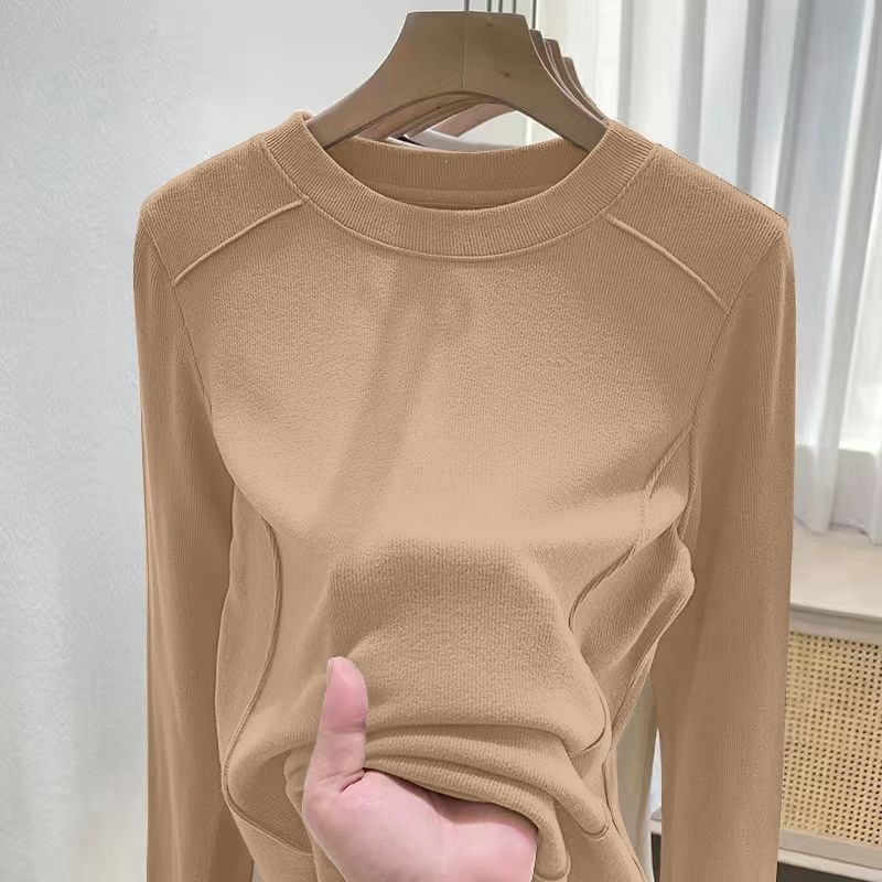 Ribbed Solid Color Round Neck New Style Base Layer T-Shirt, Autumn and Winter Long Sleeve T-Shirt, Slim Fit, Versatile, Casual T-Shirt, Women's Top