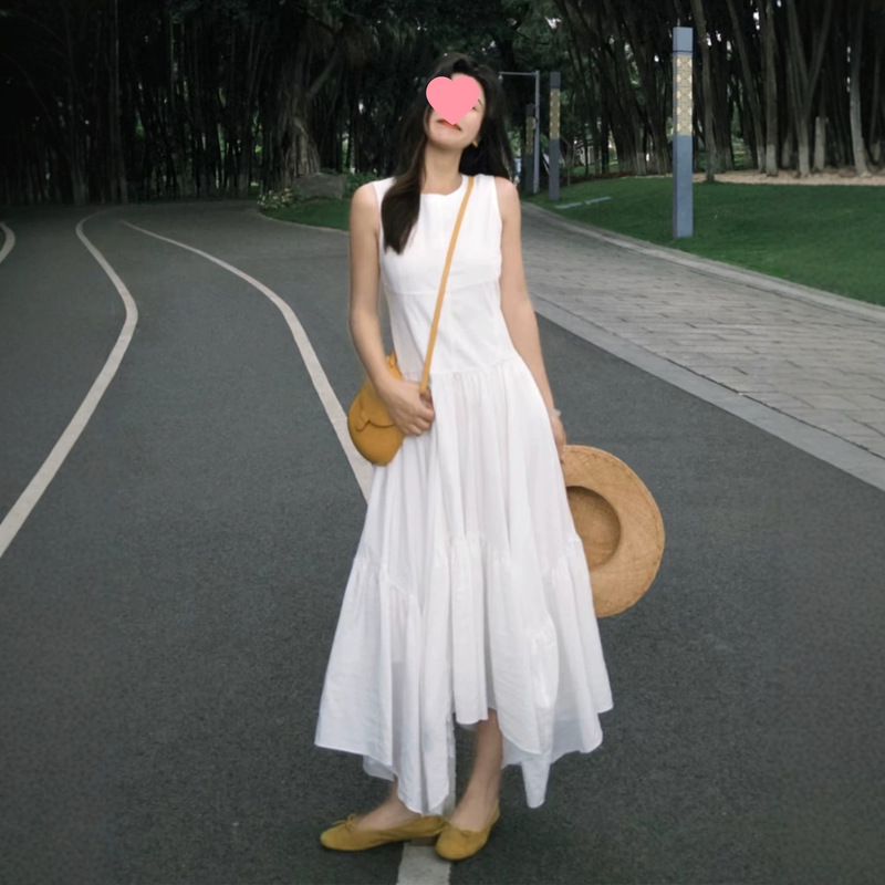 High-End Design, Irregular Hem, White Vest Dress for Women, New Summer Style, Niche Waist-Cinching Slimming Long Dress