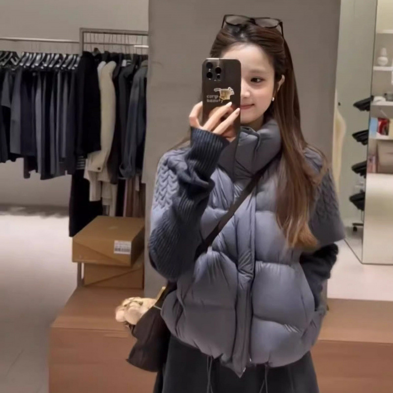 2026 Winter Korean Style Stand Collar Knit Patchwork Short Cotton Jacket for Women, New Fashionable Padded Vest Coat