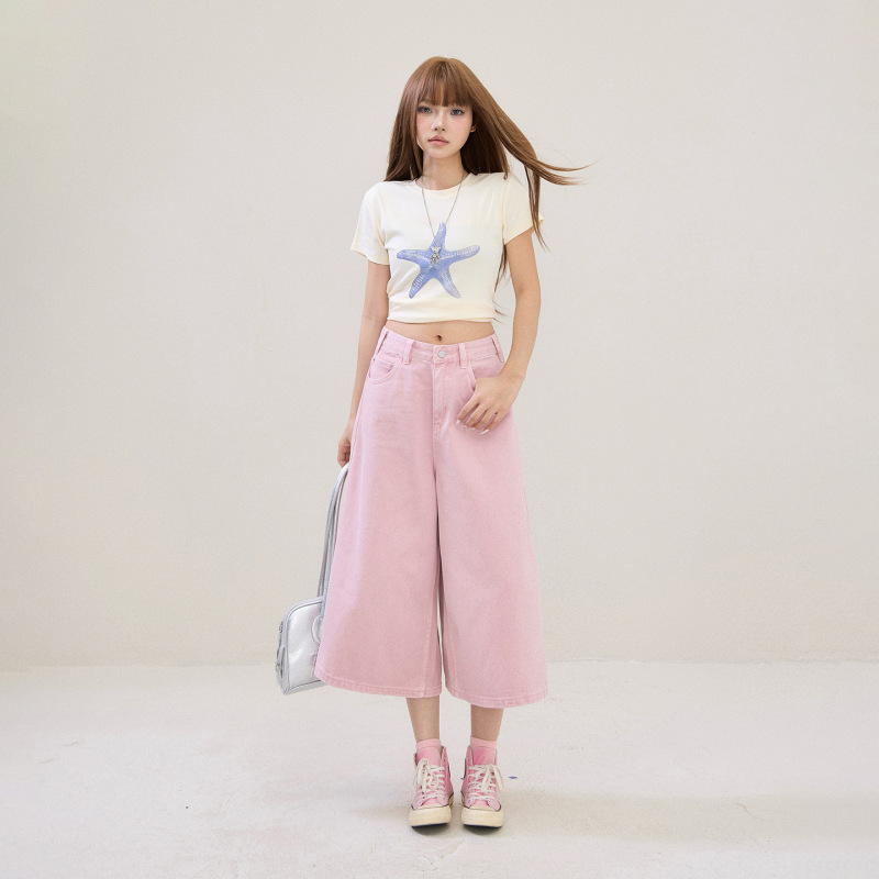 American Retro High-Waisted Drapey Cropped Pants Versatile Wide-Leg Pants Spring and Summer New Straight-Leg Jeans for Women in Pink American Retro High-Waisted Drapey Cropped Pants Versatile Wide-Leg Pants Spring and Summer New Straight-Leg Jeans for Women in Pink