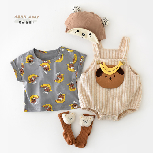 Summer new baby set cotton cartoon bear short-sleeved thin 0-3 year old boy and girl baby romper suit