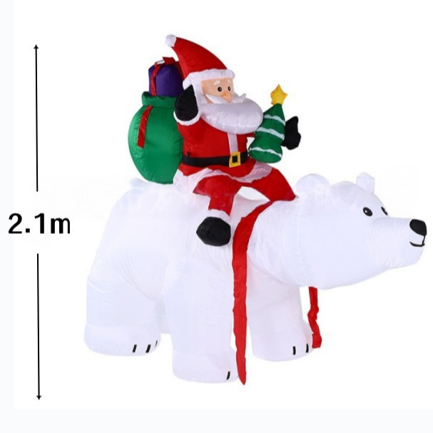 Santa Claus inflable de 2.1 metros montado en un oso polar con luces LED, modelo inflable para decoración de jardín exterior.