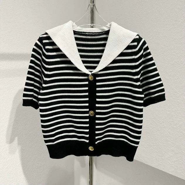 THOM BRASSY 3099 Мяу домой полосатый военно-морской воротник ретро весна и осень в полоску вязаный маленький пальто