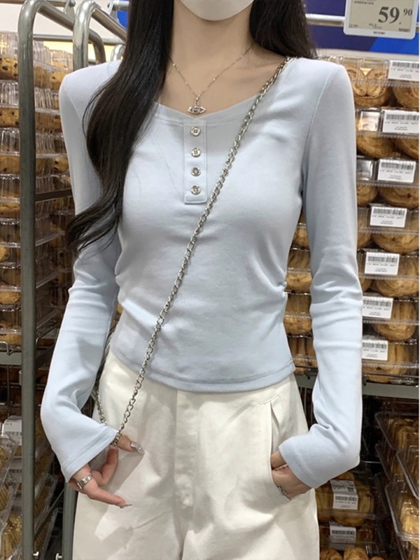 马卡龙蓝色韩版秋冬季新款百搭别致小众女褶皱收腰德绒长袖打底衫|undefined