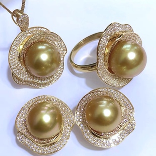 Flower S925 Silver Camellia Sea Water Gold Bead Set 12-13mm Nanyang Gold Pearl Earrings Ring Pendant