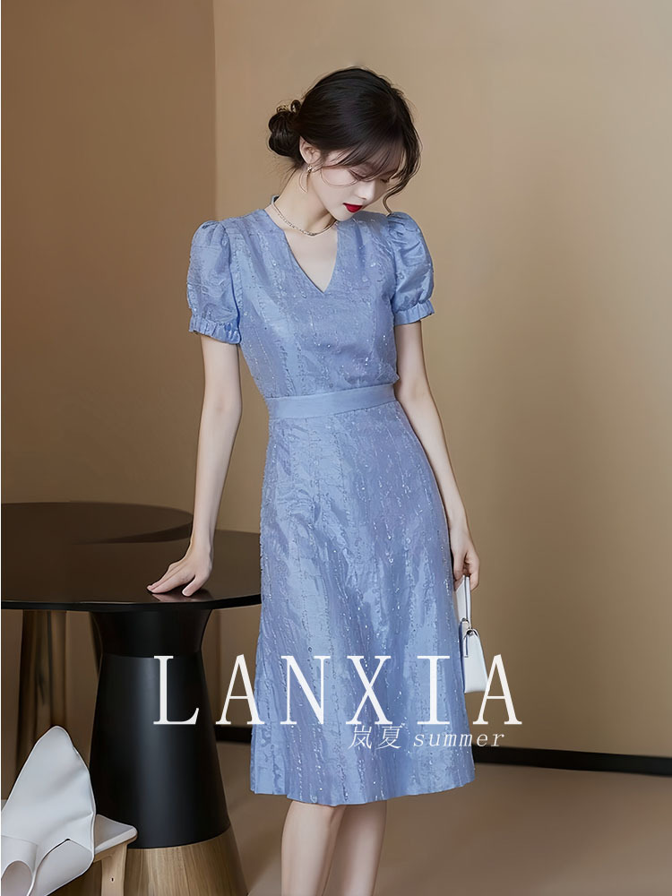 Váy dài maxi nữ thắt eo kiểu Pháp sang trọng dự tiệc hè — Màu xanh lam, Màu tím chi tiết 4