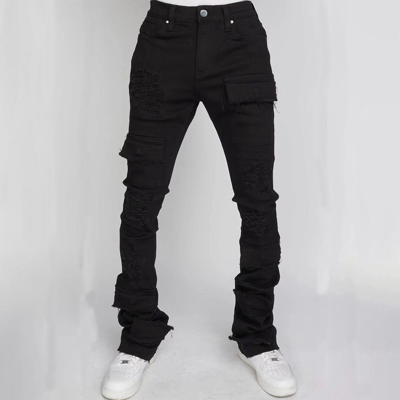 Men's Denim Cargo Straight-Leg Pants European and American Fashion Ins Stretch Ripped Denim Layered Flared Men's Pants