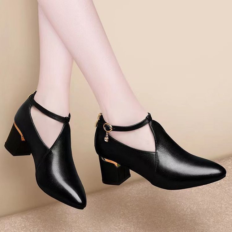 Zapatos de talón grueso y medio para mujeres 2025 primavera nuevos zapatos de cuero de talón alto cómodos con suela suave zapatos de moda para mujeres zapatos de madre