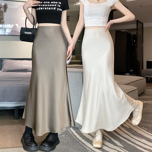 plus size 2024 Spring and Summer New High Waist Slimming French Retro Satin Hip Fishtail Skirt Long Skirt for Children