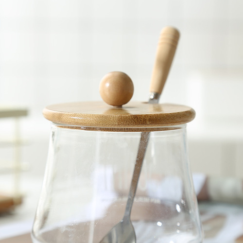 Wholesale round universal cup lid with top wooden mug ceramic glass cup lid cup spoon solid wood spoon handle stainless