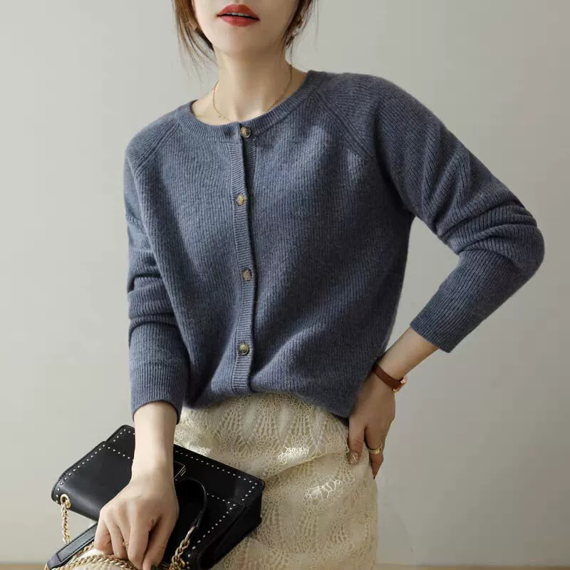Demi-season cardigan, woolen sweater, jacket, round collar, loose fit