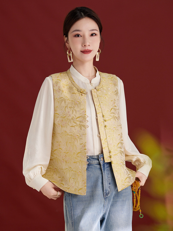新中式个性提花盘扣桑蚕丝马甲女装显瘦开衫2025秋季新款气质1321|undefined