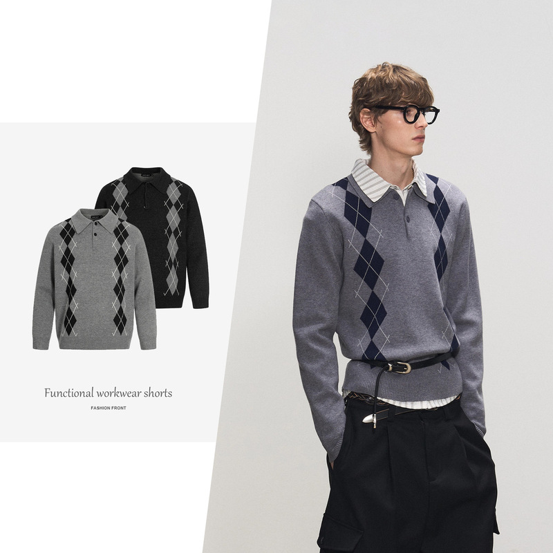 【Csmy】Manuscript Diamond-Patterned Knit Polo Argenti Jacquard Knit Sweater Miu Style Long Sleeve