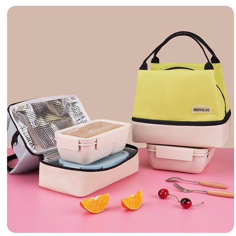 Nueva bolsa de almuerzo de doble capa a juego de color de moda de dopamina, bolsa de hielo, bolsa de aislamiento portátil de gran capacidad para estudiantes de trabajo con arroz