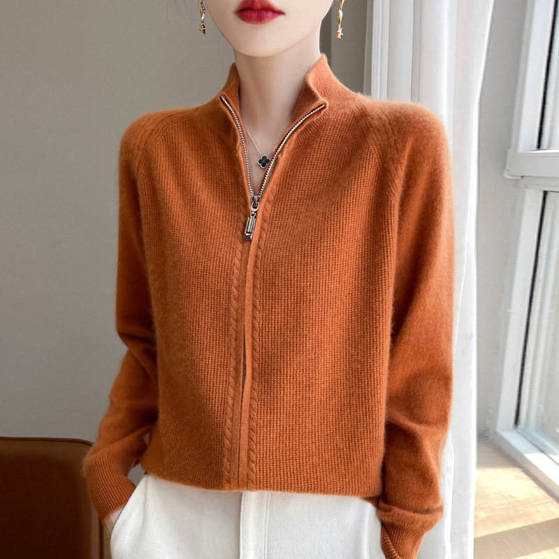 Autumn and Winter 100 Pure Wool Double Zip Knitted Cardigan Women's Vertical Collar All-match Shoulder-drop Cashmere Sweater All-match Coat Sweater