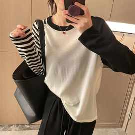小众简约拼色插肩T恤女秋新款时髦休闲宽松百搭别致上衣