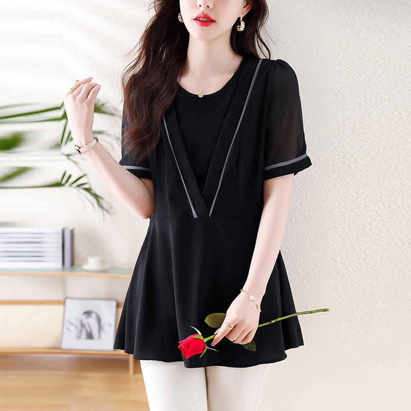 胖mm大码遮肚子上衣中长款夏装女韩版时尚设计感短袖小衫显瘦黑色